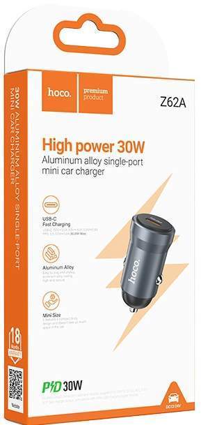 Зарядное устройство автомобильное HOCO Z62A 1PD-30W серый
