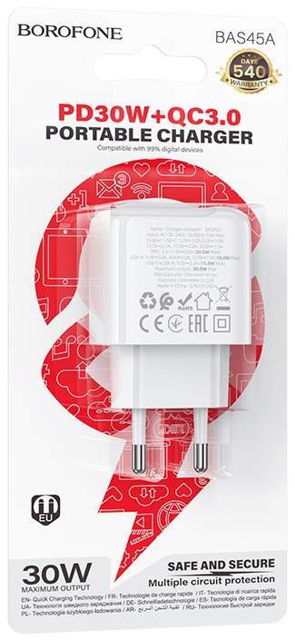Зарядное устройство сетевое BOROFONE BAS45A 1USB-18W/1PD-30W белый