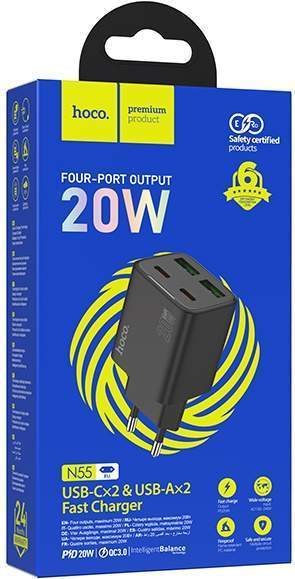 Зарядное устройство сетевое HOCO N55 1USB-18W/1USB-18W/1PD-20W/1PD-20W черный