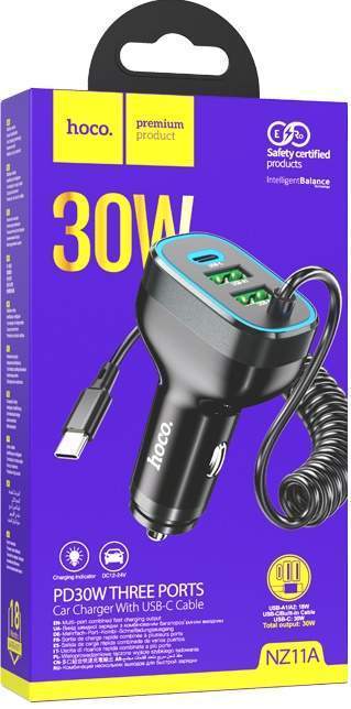Зарядное устройство автомобильное HOCO NZ11A 1USB-18W/1USB-18W/1PD-30W + кабель Type-C 