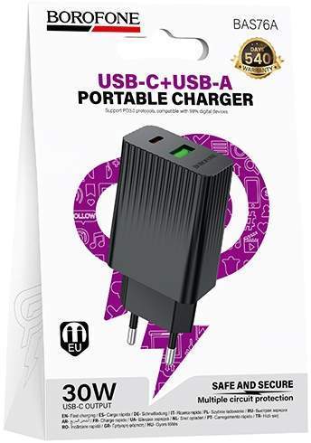 Зарядное устройство сетевое BOROFONE BAS76A 1USB-18W/1PD-30W черный