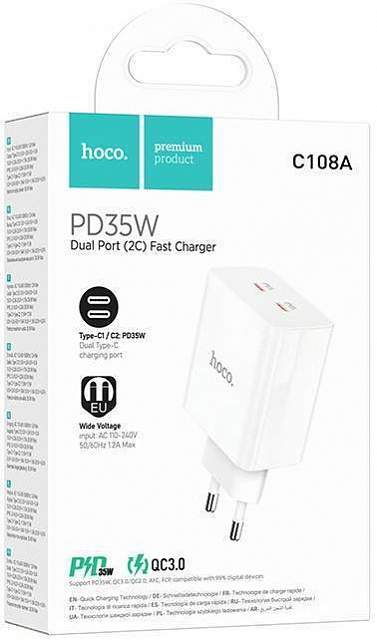 Зарядное устройство сетевое HOCO C108A PD17,5W + PD17,5W белый