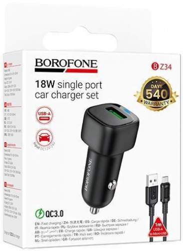 Зарядное устройство автомобильное BOROFONE BZ34 1USB-18W + кабель Micro-USB черный