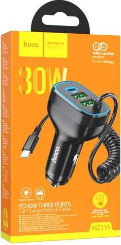 Зарядное устройство автомобильное HOCO NZ11A 1USB-18W/1USB-18W/1PD-30W + кабель Lightning черный