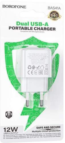 Зарядное устройство сетевое BOROFONE BAS41A 1USB-12W/1USB-12W белый