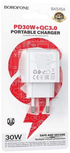 Зарядное устройство сетевое BOROFONE BAS45A 1USB-18W/1PD-30W белый
