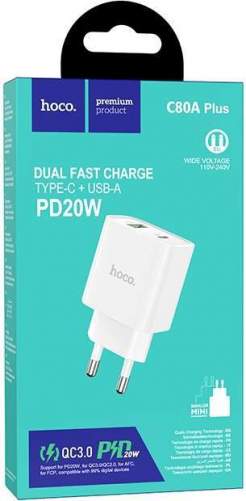 Зарядное устройство сетевое HOCO C80A PLUS 1USB-18W/1PD-20W белый