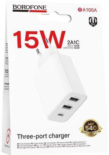 Зарядное устройство сетевое BOROFONE BA105A 2USB-12W/1PD-15W белый